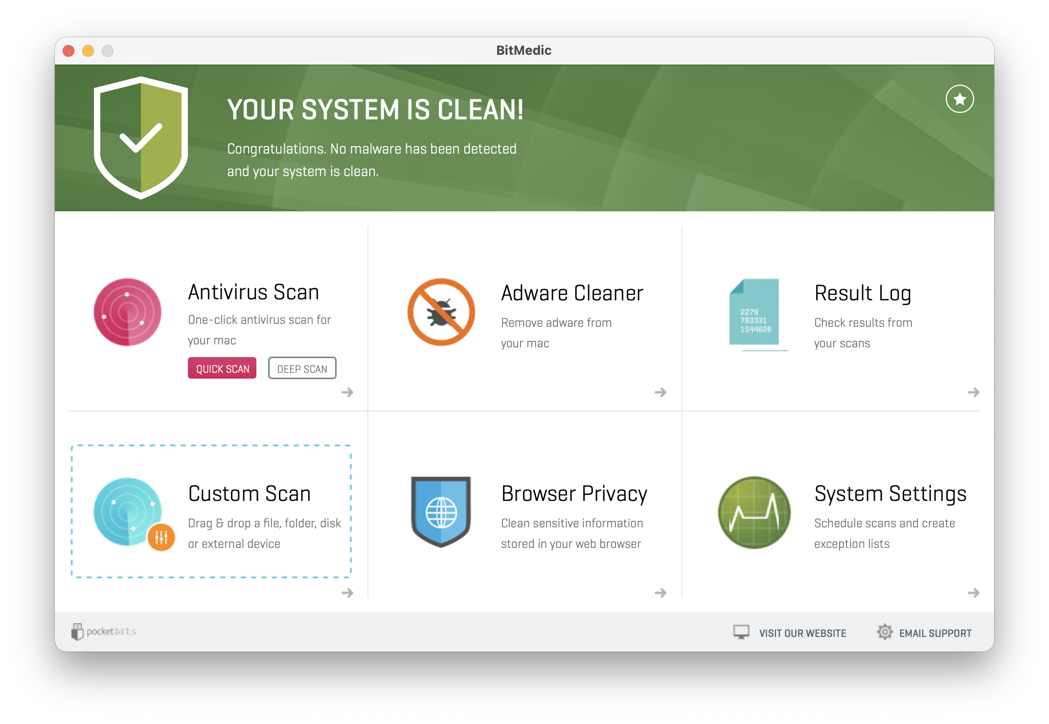 BitMedic main app window: Your system is clean, with Antivirus Scan, Adware Cleaner, Result Log, Custom Scan, Browser Privacy, and System Settings